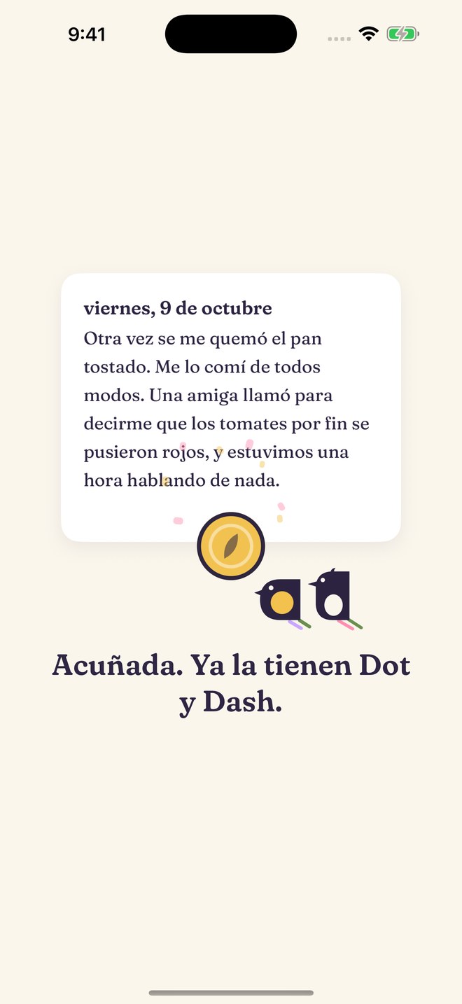 La página de ayer convirtiéndose en una moneda de oro, con Dot y Dash.